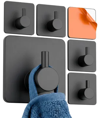 Schwarze selbstklebende Minismus Handtuchhaken im 6er-Set, mit Ansicht der Klebeflaeche und Anwendungsbeispiel.