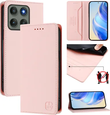 Immagine prodotto di Custodia in pelle per Motorola Edge 60 Pro, flip case con slot per carte, portafoglio e supporto Rosa