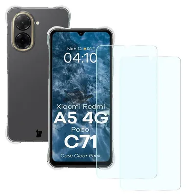 A clear protective case and two screen protectors are displayed next to a smartphone.