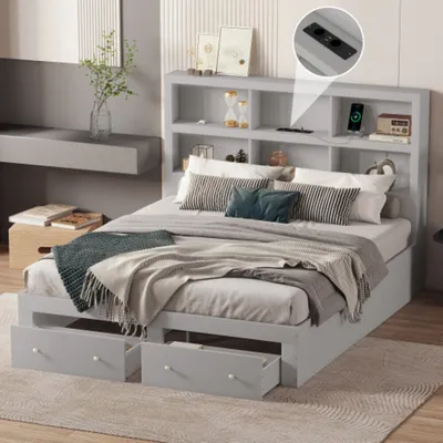 Produktbild von Doppelbett, Massivholz,Plattformbett mit zwei Schubladen am Fußende des Bettes, Kopfteil mit Stauraum 160*200cm