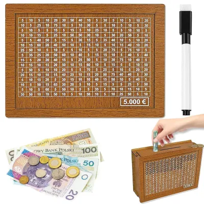 Image de Tirelire en bois avec compartiment de rangement, objectif d'épargne pour les enfants et repères, tirelire réutilisable avec objectif d'épargne et chiffres à cocher.