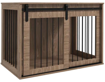 Zdjęcie produktu dla Klatka dla Psów, Zamykana, Wygląd Drewna, Rustykalny Design, 98 cm x 58 cm x 67 cm, Orzech + Czarny