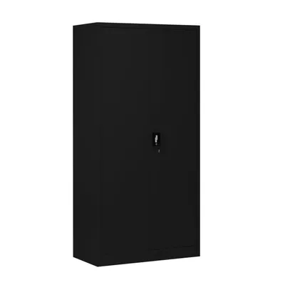A black metal cabinet with two doors and a lock on the right door, set against a white background.