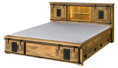 Immagine prodotto di MASSIVMOEBEL24 | Letto con cassetti in legno di mango riciclato 159x223x107 laccato naturale RAILWAY LUX #107