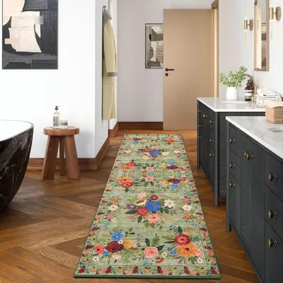 Produktbild von Küchenteppich Flur Teppich 60x180cm,, Blumen Teppich Kurzflor, Küchenteppich Waschbar, Flurteppich Läufer Lang Rutschfester für Küche, Wohnzimmer, Bettvorleger, Büro, Flur, Eingangsbereich, Grün