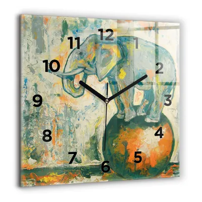Produktbild von Wallfluent Große Wanduhr – Stilles Quarzuhrwerk - Uhr Dekoration Wohnzimmer Schlafzimmer Küche - Zifferblatt - schwarze Zeiger - 60 cm - Gemalte Elefantenhaltung