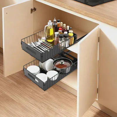 Produktbild von 2 Pack Erweiterbar Ausziehbare Schublade küche mit Kleber, Teleskopschublade, Ausziehbare Schubladen-Aufbewahrungsregale für Küchenschränke, Schrank Organizer, Kein Bohren und Nageln Erforderlich