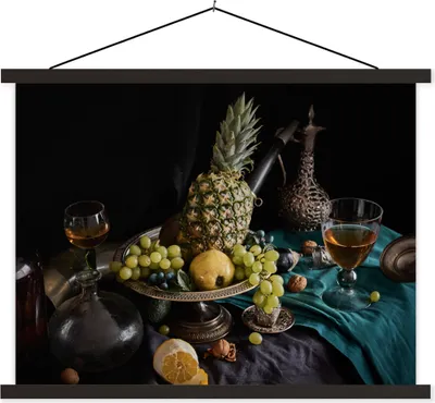 Produktbild von MuchoWow® Textilposter Obst - Wein - Stilleben 120x90 cm mit schwarzem Rahmen - Aufhänger für Poster