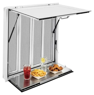 Obrázok produktu pre VEVOR Výkladová vitrína pre food trucky, 915 x 915 x 110 mm, hliníková zliatina, koncesná vitrína s ochranou proti dažďu, výklopná do uhla 85°, výklopný odkladací priestor, s 4 posuvnými sieťkami proti hmyzu a s ťažným hákom