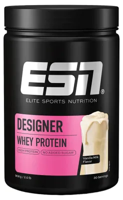 Produktbild von ESN Designer Whey Protein, Pulver, Milcheiweiß, Vanille, Molkenproteinmischung 92 % (ultrafiltriertes Molkenproteinkonzentrat, cross-flow mikrofiltriertes..., Für eine Portion mixt du 30 g Pulver mit 200 ml Wasser in einem Shaker. Schon bist du fertig und..., 22 g