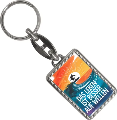 Produktbild von Surfer auf Welle Besser auf Wellen Schlüsselanhänger mit Bordüre