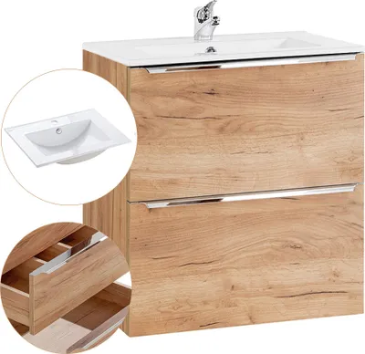 Produktbild von Waschtisch-Unterschrank 60cm mit Keramik-Waschbecken TOSKANA-56 in Wotaneiche Nb., B/H/T ca. 61/58/46 cm