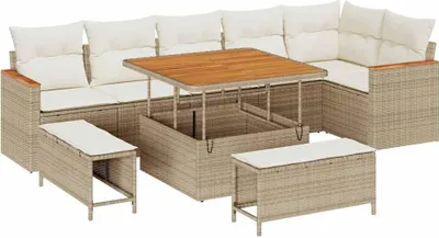 Image de vidaXL Ensemble de canapé de jardin avec coussins 9 pcs Beige Poly Rattan