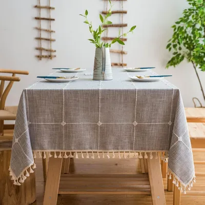 Produktbild von Lifetooler Tischdecke Abwaschbar Baumwolle Leinen Tischtuch Quaste Design Tischdecke staubdicht Rechteckige Tischabdeckung für Home Küche Dekoration(Grau Gitter, Rechteckig/Oval, 140x180cm)