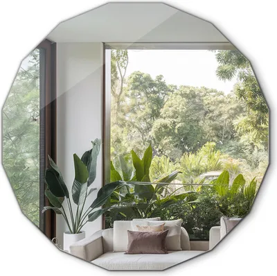 A mirror reflecting a living room with plants and a sofa, with a view of lush greenery outside.
