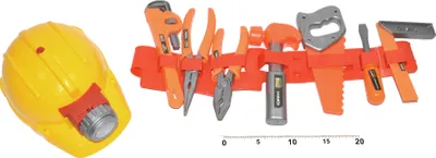 A yellow hard hat and an orange tool belt with various toy tools.