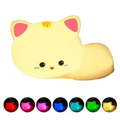 Produktbild von LED Katzen Nachtlicht 16 Farben, Silikon Nachtlampe USB wiederaufladbar mit Fernbedienung & Timer, dimmbar Kinder Nachtlicht 1200mAh
