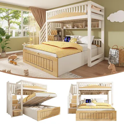 Produktbild von Etagenbett 90x200/140x200 cm aus Holz, hydraulisch mit USB-C – Doppelstockbett mit 2 EU-Steckdosen und 4 Stufen, Bettgestell in Weiß und Natur