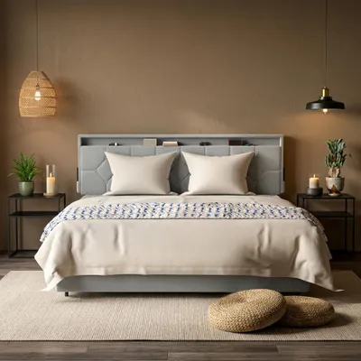 Obrázek produktu pro Čalouněná postel CEEDIR 140 × 200 cm, se 4 zásuvkami, postel s úložným prostorem, čalouněné čelo, sametový rám včetně roštu, bez matrace, světle šedá
