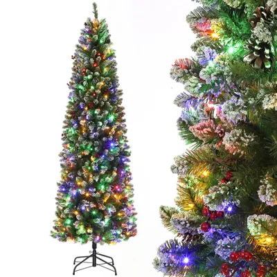 Obrázok produktu pre Umelý vianočný stromček, úzky, štíhly, 230 cm, s LED osvetlením (dvojsfarbné / teplá biela), zdobený šiškami a červenými bobuľami – montáž na závesnom systéme, kovový stojan