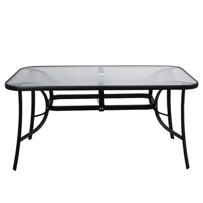 Zdjęcie produktu dla Stół ogrodowy ze szklanym blatem i otworem na parasol 90 x 150 cm metalowa rama z hartowanego szkła