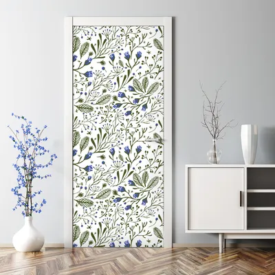 Produktbild von Dekorative Türtapete selbstklebend Türposter Türaufkleber Grüne Äste mit Blaue Blumen 77 x 200 cm