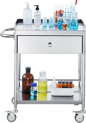 Produktbild von Laborationswagen aus Edelstahl, 2 Ebenen, 220 Lbs Fassungsvermögen, 360°-Drehbare Räder, Ladefähigkeit für Lab, Klinik, Küche, Salon