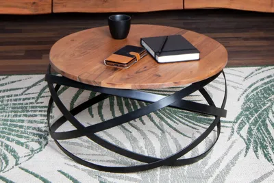 Produktbild von Couchtisch rund Akazieholz massiv nussbaum 60 x 60 cm Metallgestell schwarz ALLISON