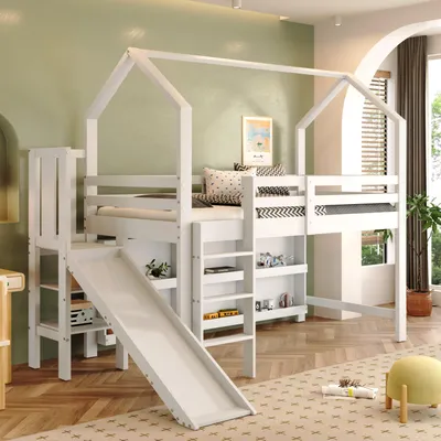 Produktbild von Flieks Etagenbett 90x200cm mit Schrank, Kinderbett Hausbett mit Rutsche, Hochbett Stockbett mit Rausfallschutz & Lattenrost, Holzbett Einzelbett, Weiß