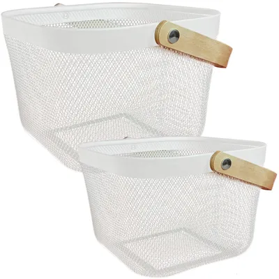 Produktbild von Elegante Metall Drahtkörbe Weiss mit Holzgriff: 2er-Set Dekokörbe für Küche & Bad – Praktisch & Dekorativ