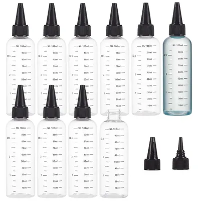 10 PET-Knijpflaschen 100 ml mit Skala, schwarzer Drehverschluss