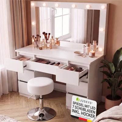 Produktbild von Juskys Schminktisch Lilia mit LED & Hocker Tonia, 7 Schubladen & großem Spiegel – Weiß