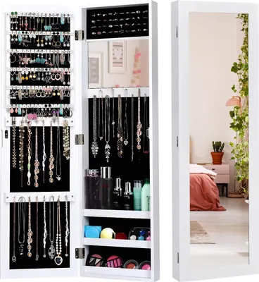 Produktbild von GOPLUS Schmuckschrank hängend, Spiegelschrank mit Spiegel, 3 Ablagen, Wandschrank für Schlafzimmer & Garderobe, Weiß