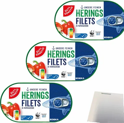 Produktbild von Gut & Günstig Heringsfilets in Paprikacreme mit Paprikastückchen 3er Pack (3x200g Dose)  + usy Block