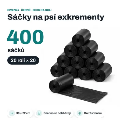 Obrázek produktu pro RIVEN24 Sáčky na psí exkrementy černé, 400 ks (20 rolí × 20), 30 × 22 cm, do zásobníku