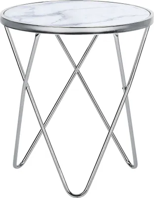 Produktbild von BELIANI Beistelltisch Weiß Silber Sicherheitsglas Metall 50 x 55 cm V förmigen Füße Couchtisch Glänzend Marmor Optik Rund Modern