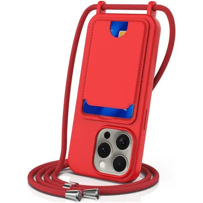 Produktbild von Mobigear Lanyard Card iPhone 16 Pro Max Silikon Handykette mit Kartenhalter - Rot