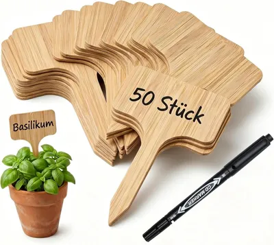 Produktbild von 50 Stück Bambus Pflanzenschilder inkl. wasserfestem Stift, T-Form wetterfest, für Kräuter Hochbeet Anzucht Garten