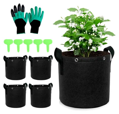 Produktbild von 5 Stück 25 L Pflanzsack, Pflanztasche für Kartoffeln mit 5 Pflanzen-Tags und 1 Paar Handschuhe, Vliesstoff für Gemüse, Blumen und Früchte