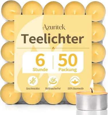 Productafbeelding van 50 stuks bijenwas theelichtjes, 6 uur, 100% zuiver natuurlijke bijenwaskaarsen, paraffinevrij en geurstoffen, bijenwas, theelicht voor festival