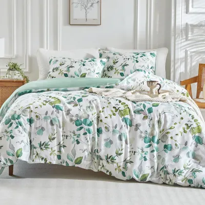 Immagine prodotto di Set di lenzuola in microfibra, 3 pezzi, verde, con motivo di rami e foglie, dimensioni: 240x260 cm + 2 federe 65x65 cm