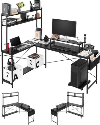 Image de Bureau gaming - Bureau d'angle en L 170 cm - Avec support pour écran - Support coulissant pour unité centrale - Capacité de charge 68 kg - Bureau d'ordinateur - Pour le télétravail