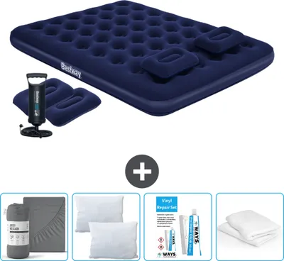 Zdjęcie produktu dla Materac dmuchany Bestway - 2-osobowy - 152 x 203 x 22 cm - Niebieski - Z pompką ręczną - Poduszki - Akcesoria