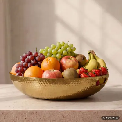 Image de Bol à fruits rond en métal doré, diamètre 38 cm, idéal pour la décoration de table. Panier à fruits moderne avec finition martelée en aluminium. Bol décoratif avec poignées en aluminium. Bol à fruits fait à la main, Image générée par une IA