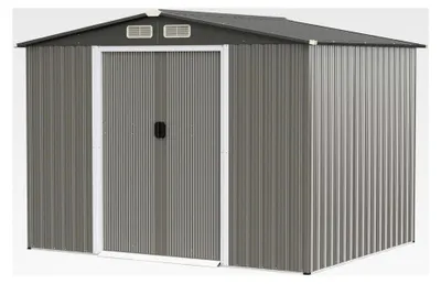 Produktbild von Gerätehaus mit Fundament, 260x207x180cm, Geräteschuppen aus verzinktem Stahl, Gartenhaus mit Doppeltüren und Rampe, abschließbarer Gartenschuppen, 8,5 m³ Metallschuppen für den Außenbereich (Dunkelgrau)