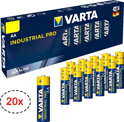 A box of VARTA Industrial PRO AA batteries with some batteries displayed in front.