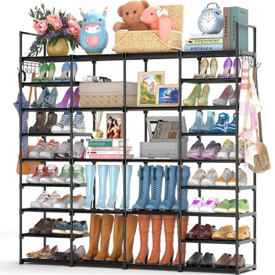 Obrázok produktu pre Polica na topánky s 9 úrovňami, 4 radmi, z kovu, čierna, kapacita 64-72 párov, s háčikmi, rozmer 168x30,5x157,5 cm