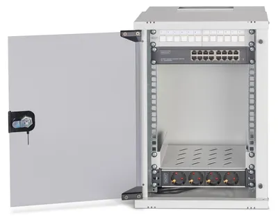 Produktbild von Digitus Netzwerk-Set SOHO Pro, 254 mm (10") - 9HE, 315 x 300 mm (B x T), Wandmontiertes Regal, 9U, 60 kg, Sperrschloss, Ablageschienen, Verbessertes Kabelmanagement