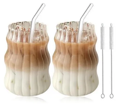Productafbeelding van Set van 2 ribbelglazen van 530 ml, gemaakt van borosilicaatglas, met 2 rietjes en borsteltjes
