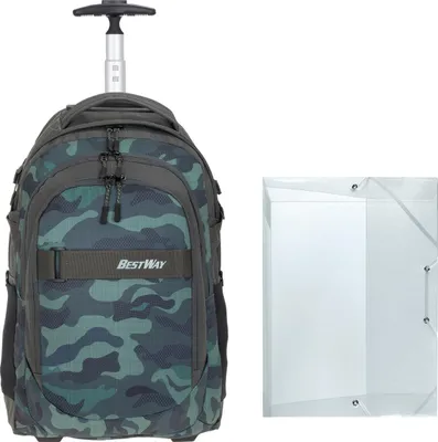 Produktbild von Schultrolley Trolley Jungen Mädchen Schulrucksack Bestway Evolution Packer Rucksack Trolly Schultrolly 40244-2613 Grau Grey Camo + Bagboom Heftmappe